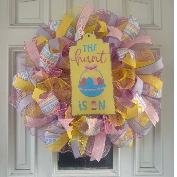 The Hunt is On Mesh Ribbon Easter Wreath Front Door Hanger Home Decor - Picture 1 of 5